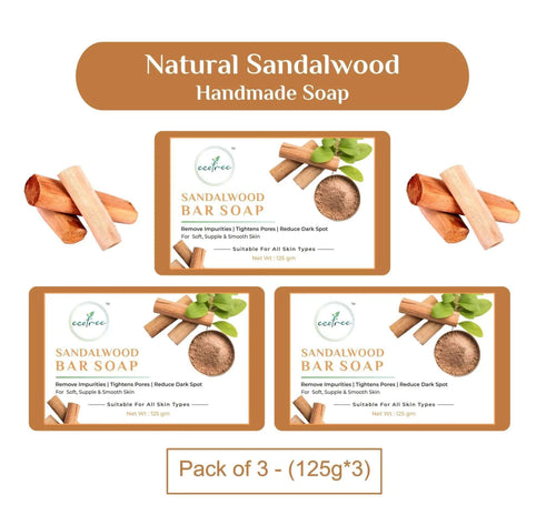 Sandalwood Natural Handmade Soap - With Sandalwood & Cucumber Extract | Remove Impurities, Reduces Acne & Tightens Pores | Pack of 3  | - EcoTree Herbal